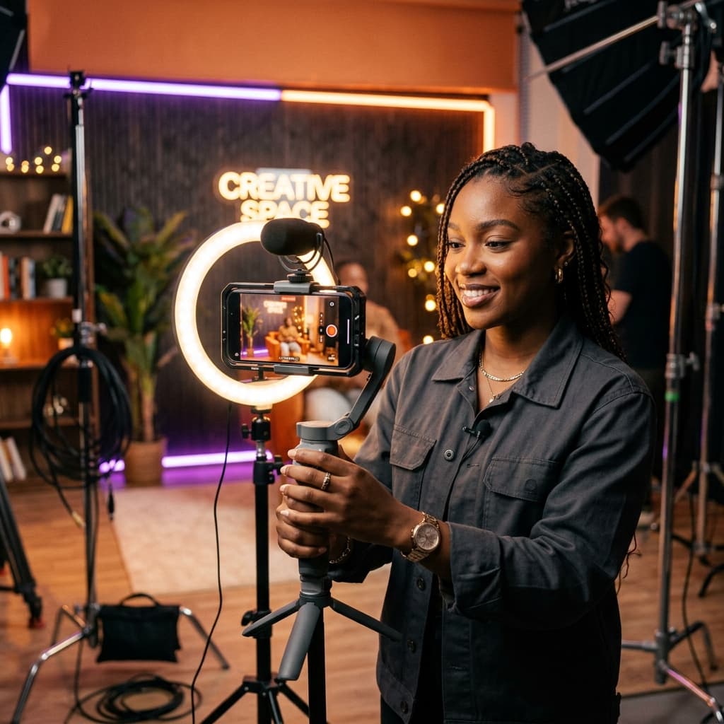 Young filmmaker setting up lighting for phone cinematography